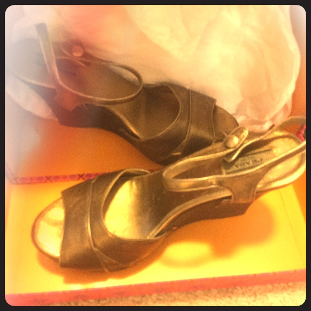 Prada bronze wedge shoes